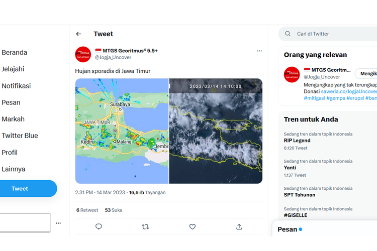 Tangkapan layar unggahan menyebut hujan sporadis di Jawa Timur