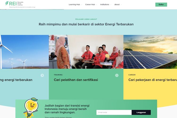 Tangkapan layar halaman muka situs web Renewable Energy Indonesia (REI) yang menyajikan seputar informasi lowongan kerja dan pelatihan mengenai energi terbarukan.