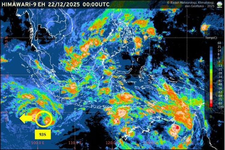 Citra Satelit 22 Desember 2025 pukul 07.00 WIB terkait Bibit Siklon Tropis 93S.