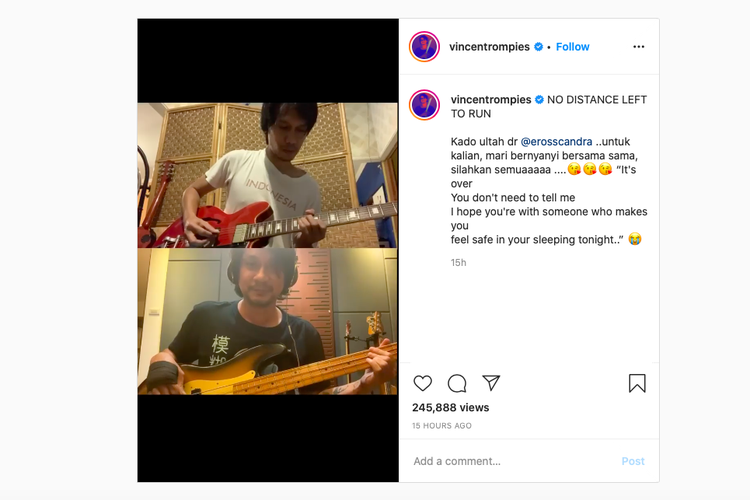 Eross Candra dan Vincent Rompies melakukan jamming virtual untuk merayakan ulang tahun ke-40 mantan bassist Club Eighties itu.