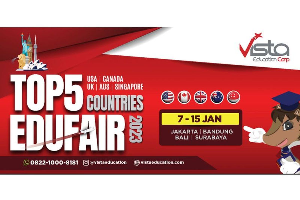 Vista Education menggelar ?Top 5 Favorite Countries Education Fair 2023?, pameran pendidikan yang menghadirkan perwakilan puluhan universitas ternama dari lima negara tujuan belajar favorit. 