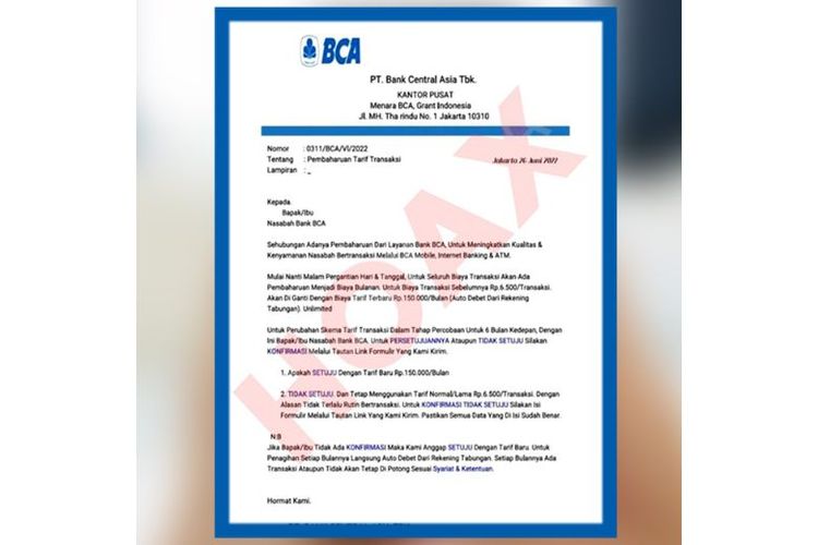 Surat hoaks Surat Resmi Kenaikan Tarif Transaksi mengatasnamakan Bank BCA. 
