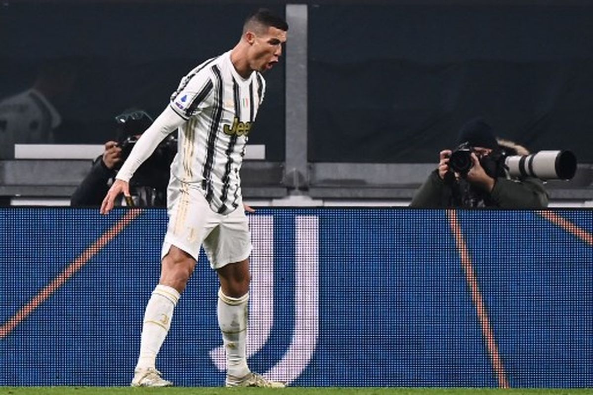 Selebrasi Cristiano Ronaldo pada laga pekan ke-15 Liga Italia yang mempertemukan Juventus vs Udinese di Stadion Allianz, Senin (4/1/2021) dini hari WIB.