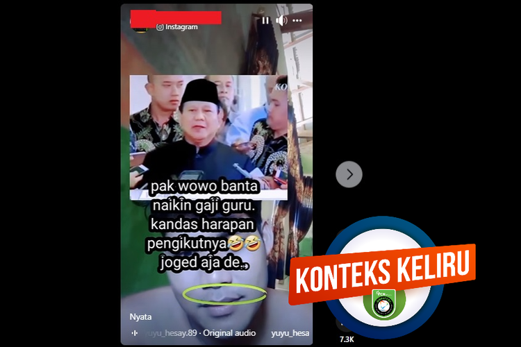 Tangkapan layar Instagram, narasi yang menyebut Prabowo membantah akan menaikkan gaji guru.