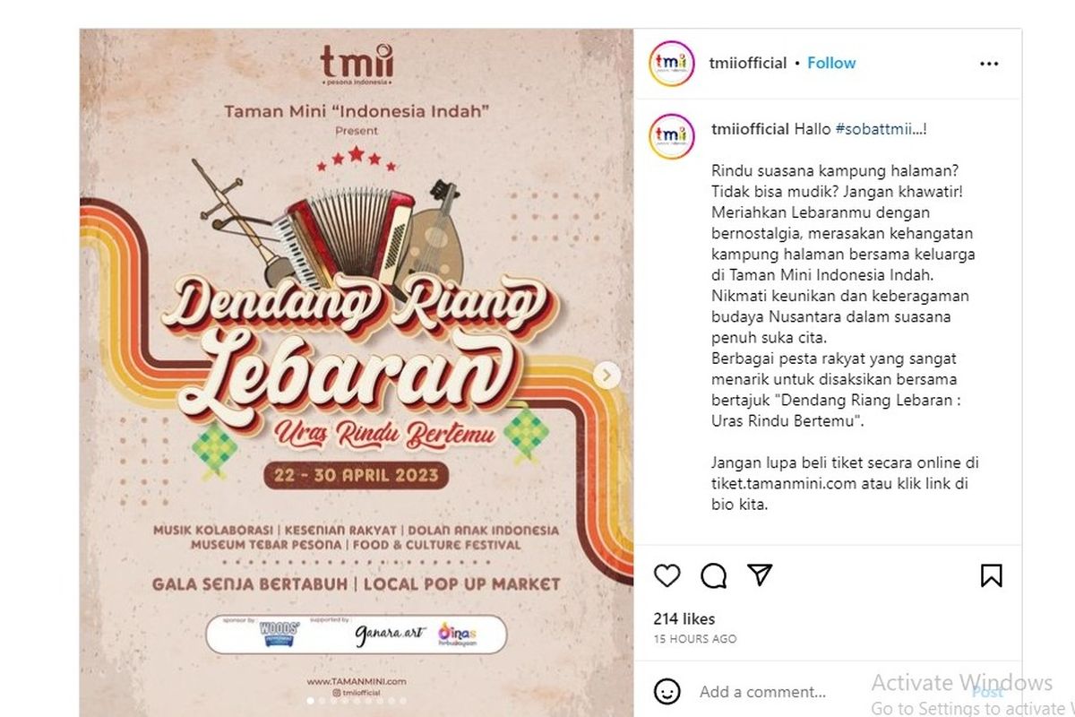 Acara Dendang Riang Lebaran yang diadakan TMII selama libur Lebaran 2023.