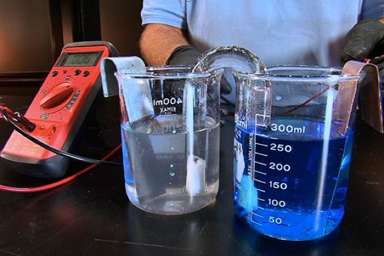 Sebuah eksperimen sel volta menggunakan katoda-anoda seng dan tembaga.