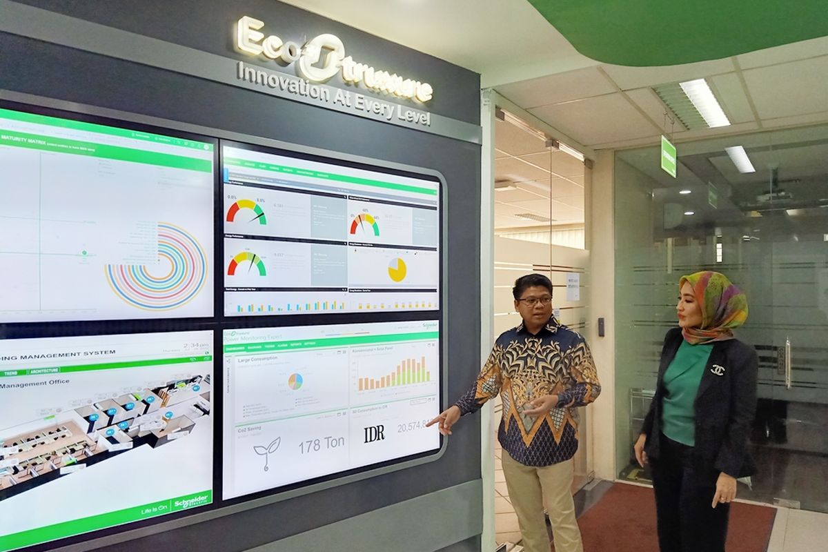 Plant Director Schneider Electric Cikarang Joko Sutopo (kiri), didampingi oleh Business Vice President Sustainability Schneider Electric Indonesia & Timor Leste Astri Ramayanti Dharmawan (kanan), sedang menjelaskan performa pabrik pintarnya secara real-time di Manufacturing Control Tower.