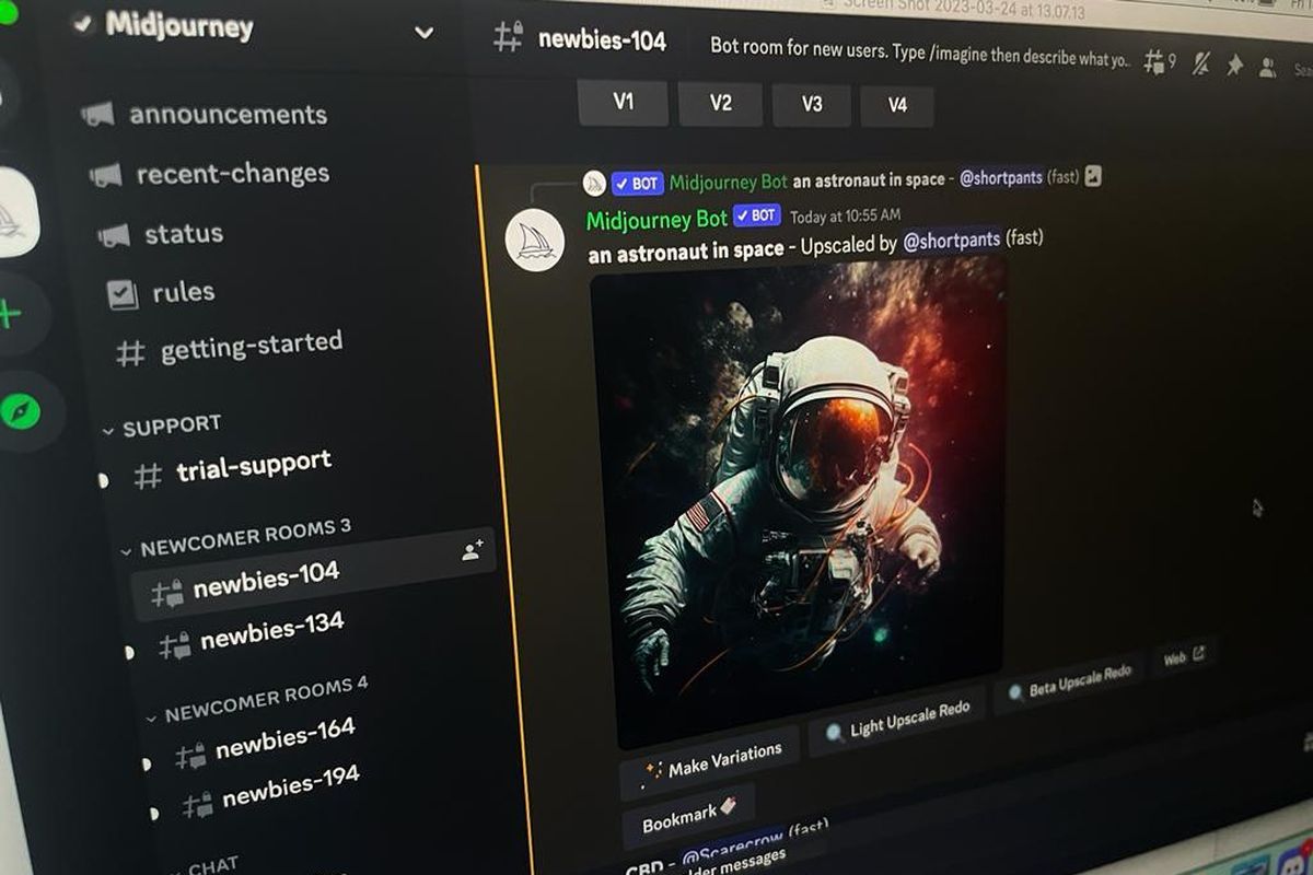 Platofrm pengolah teks jadi gambar Midjourney yang tersedia dalam bentuk bot di Discord.