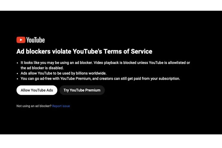 Jendela yang muncul bila pengguna terdeteksi menggunakan ad blocker ketika menonton video YouTube.