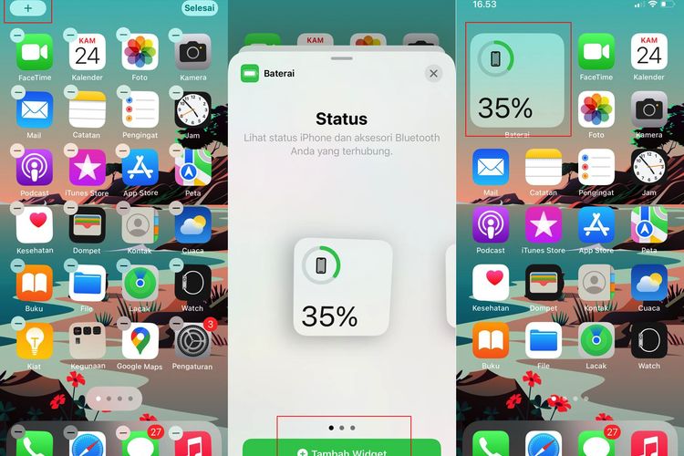 Ilustrasi cara menampilkan persentase baterai iPhone lewat widget