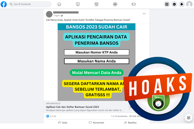 Tangkapan layar unggahan dengan narasi hoaks di sebuah akun Facebook, Minggu (7/5/2023), soal aplikasi pencairan data penerima bansos 2023.