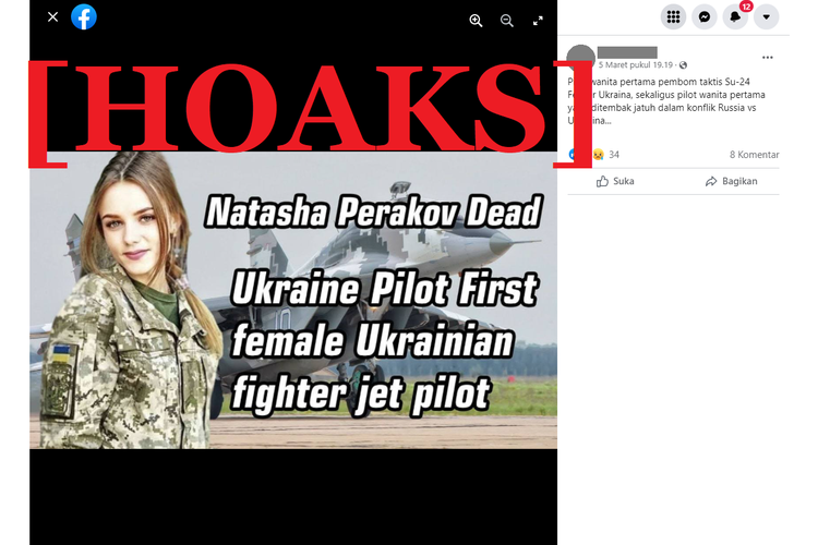 Tangkapan layar unggahan hoaks di sebuah akun Facebook, tentang pilot tempur perempuan pertama Ukraina, Natasha Perakov yang dikabarkan meninggal.