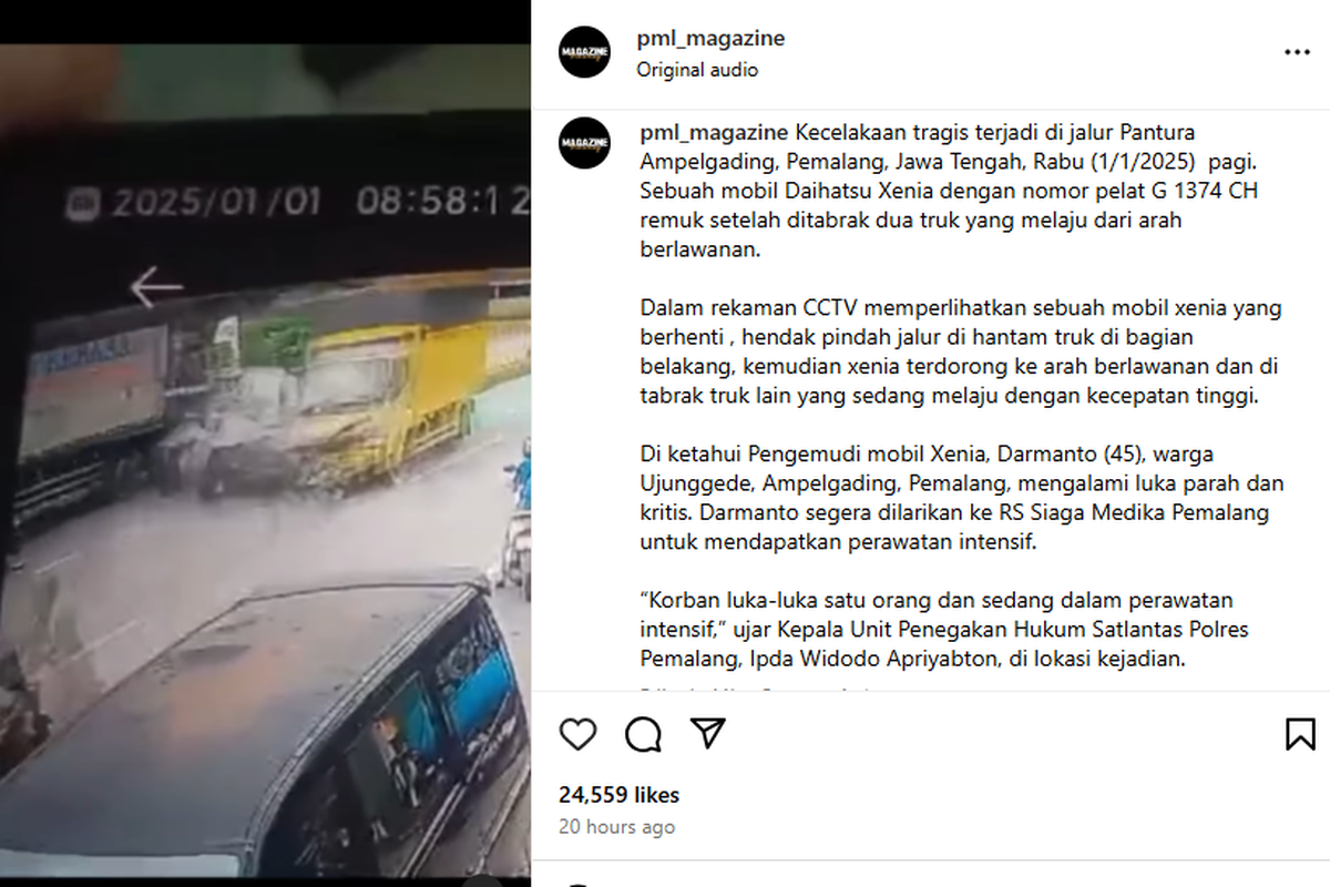 Video Daihatsu Xenia ditabrak dari depan dan belakang oleh truk saat akan putar balik di jalur Pantura Ampelgading, Pemalang, Jawa Tengah, Rabu (1/1/2025).