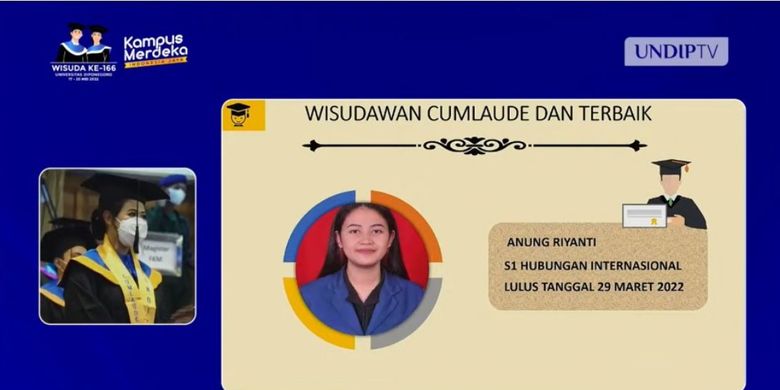 Mahasiswa Universitas Diponegoro (Undip) bernama Anung Riyanti lulus kuliah dengan raihan cumlaude.