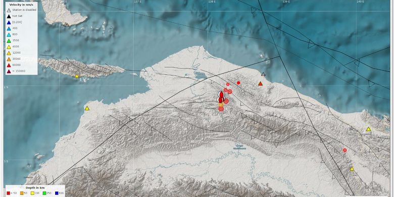 Tangkapan layar lokasi rentetan gempa yang terjadi di Mamberamo, Papua pada Sabtu (10/9/2022).