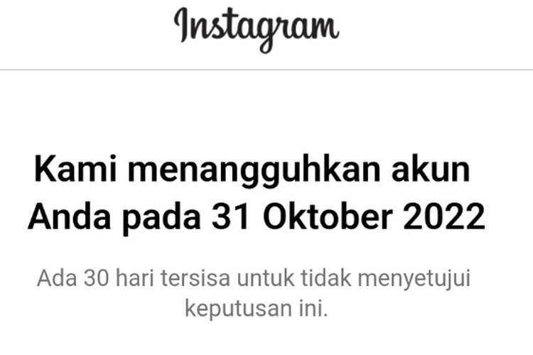 Instagram menampilkan pesan penangguhan akun atau suspend di sejumlah akun pengguna pada 31 Oktober 2022 padahal tidak ada pelanggaran yang dilakukan pengguna. 