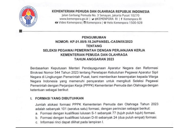 Tangkapan layar pengumuman pendaftaran PPPK Kemenpora 2023.