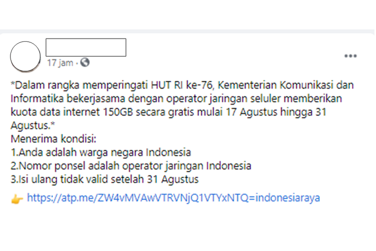 Tangkapan layar unggahan hoaks yang menyebutkan Kementerian Komunikasi dan Informatika (Kemkominfo) memberikan kuota internet gratis 150 GB.