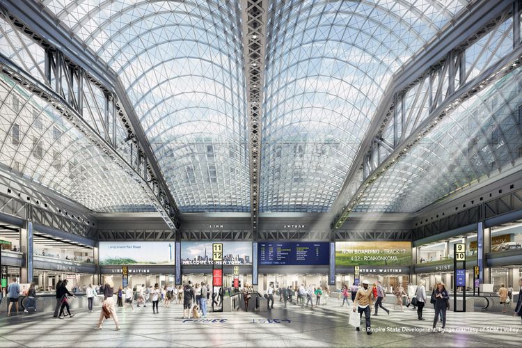 Moynihan Train Hall di New York yang dirancang oleh firma arsitektur Skidmore, Owings & Merrill 