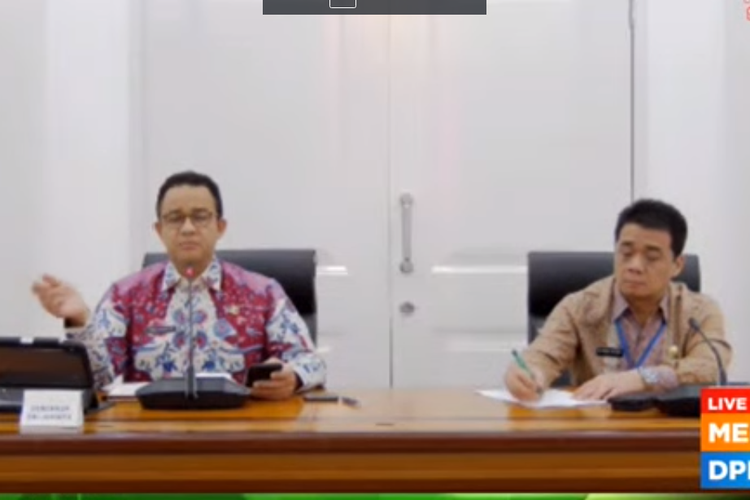 Gubernur DKI Jakarta Anies Baswedan dan Wakil Gubernur DKI Jakarta Ahmad Riza Patria dalam rapat bersama Tim Pengawas Penanganan Covid-19 DPR, Kamis (16/4/2020).