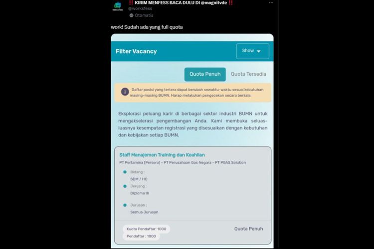 Warganet mengeluhkan lowongan pekerjaan pada Rekrutmen Bersama BUMN 2023 yang sudah penuh.