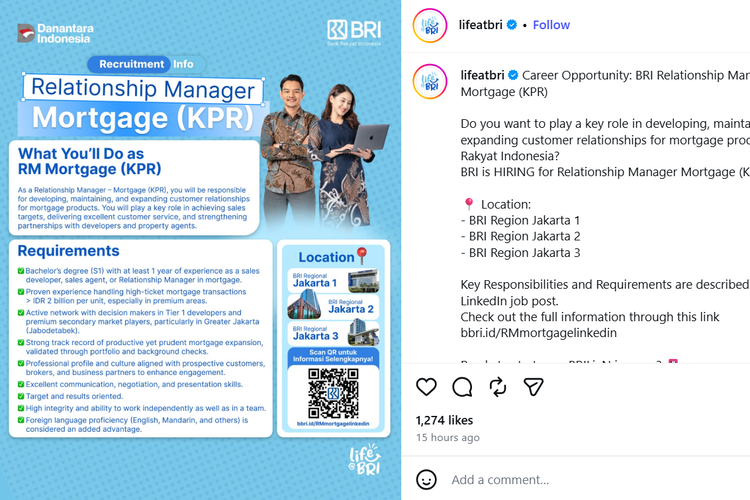 BRI Buka Lowongan Kerja untuk Lulusan S1, Cek Posisi dan Syaratnya
