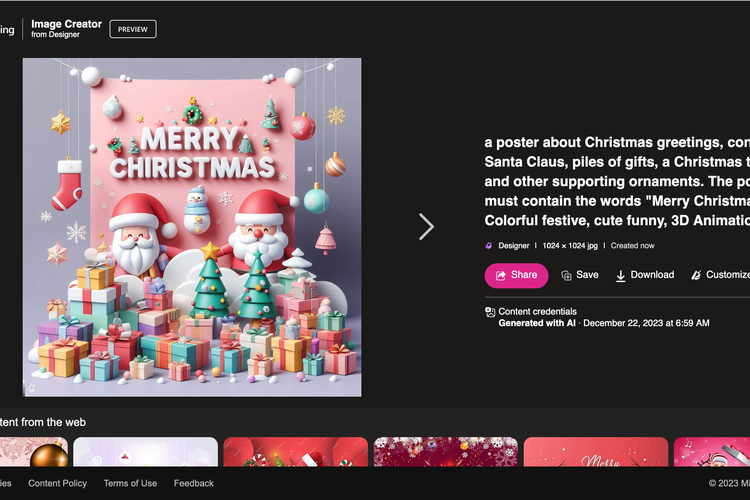 Ilustrasi cara membuat gambar ucapan selamat Natal 2023 via Bing Image Creator.