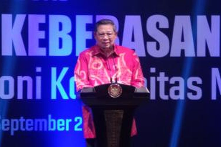 Presiden Susilo Bambang Yudhoyono saat menghadiri peluncuran buku SBY dan Kebebasan Pers di Grand Hyatt, Jakarta, Jumat (5/9/2014(.