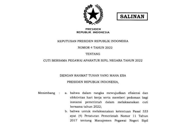 Tangkapan layar Keppres Nomor 4 Tahun 2022 tentang Cuti Bersama Pegawai Aparatur Sipil Negara Tahun 2022