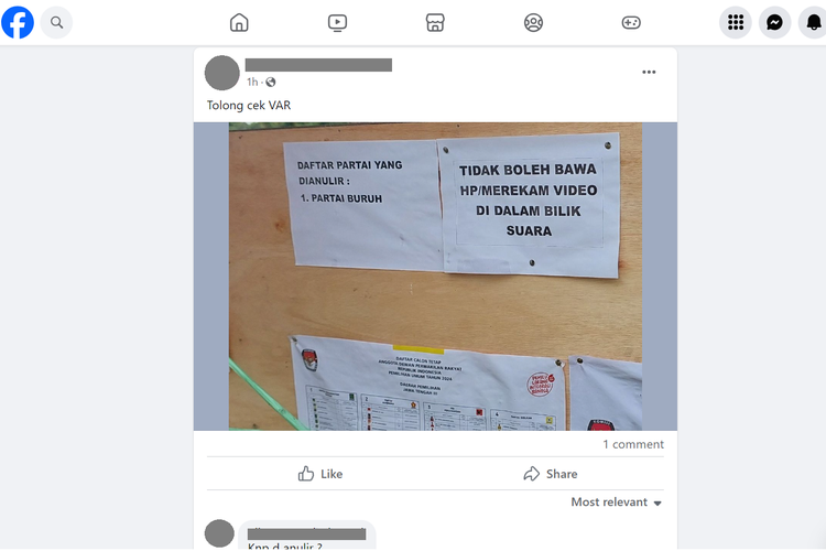 Tangkapan layar konten di sebuah akun Facebook, Rabu (14/2/2024), menampilkan kertas di Tempat Pemilihan Umum (TPU) Dapil Jateng III berisi pemberitahuan Partai Buruh dianulir.