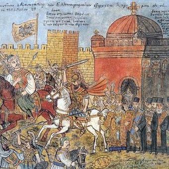 Lukisan kejatuhan Konstatinopel pada 1453. Dilukis oleh Theophilos Hatzimihail.