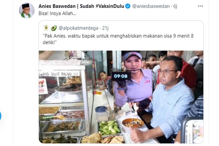 Akun Twitter Gubernur DKI Jakarta Anies Baswedan menjawab meme aturan makan di warteg maksimal 20 menit selama PPKM Level 4 berlangsung