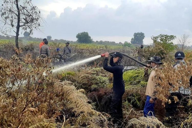 Petugas gabungan melakukan pemadaman karhutla di Desa Gayung Kiri, Kecamatan Rangsang Barat, Kabupaten Kepulauan Meranti, Riau, Selasa (7/7/2020).