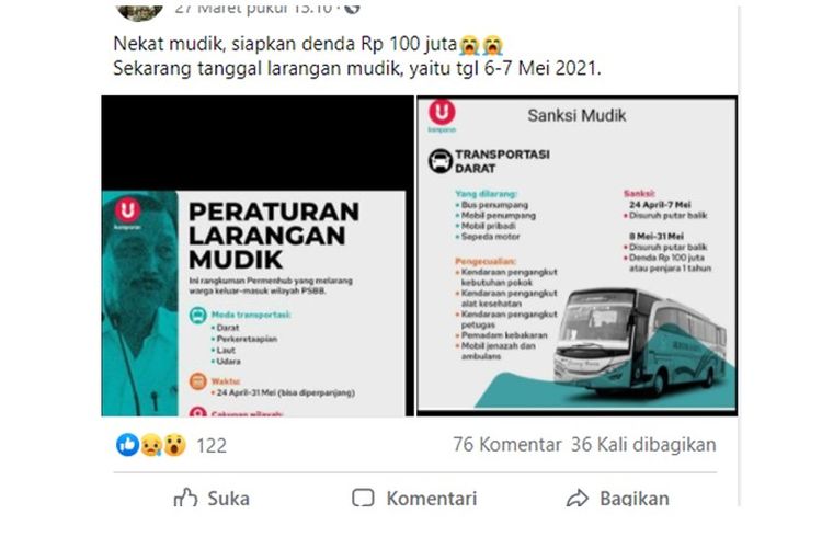 Tangkapan layar unggahan Facebook yang berisi denda Rp 100 juta bagi warga yang nekat mudik Lebaran 2021