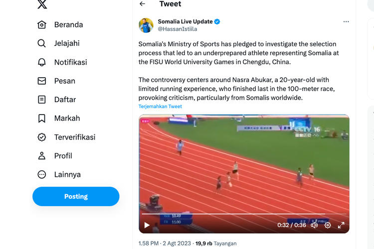 Tangkapan layar unggahan video pelari Somalia yang disebut pelari paling lambat di dunia untuk nomor 100 meter. Belakangan diketahui, pelari itu adalah keponakan ketua federasi atletik Somalia 