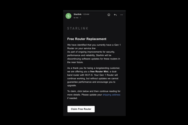 Tangkapan layar email dari Starlink kepada pelanggan yang memenuhi syarat mendapatkan penawaran free router.