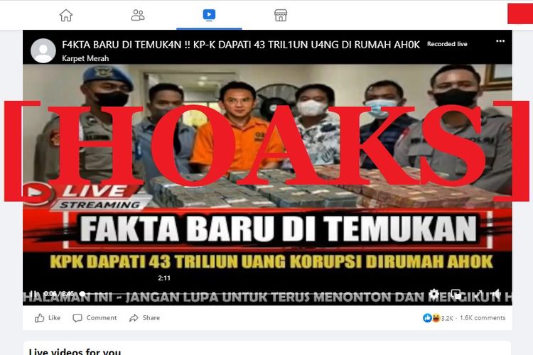 Tangkapan layar Facebook narasi yang menyebut bahwa KPK menemukan uang korupsi di rumah Ahok sebesar Rp 43 triliun