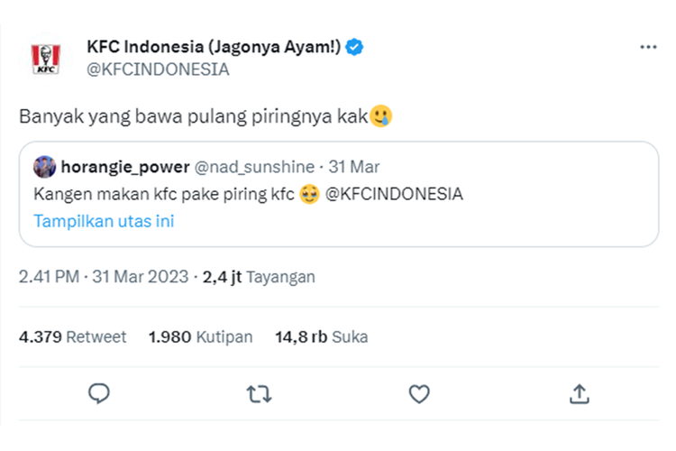 Tangkapan layar twit dari warganet yang merindukan makan dengan beralaskan piring KFC. Admin akun Twitter KFC Indonesia kemudian merespons twit tersebut dengan menyebut bahwa banyak yang membawa pulang piringnya.