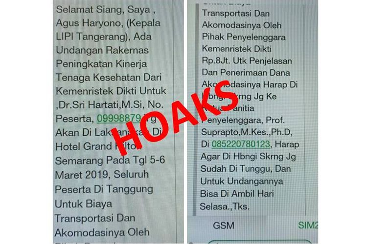 Hoaks pesan undangan peningkatan kinerja dari Kepala LIPI Tangerang, Agus Haryono melalui SMS.