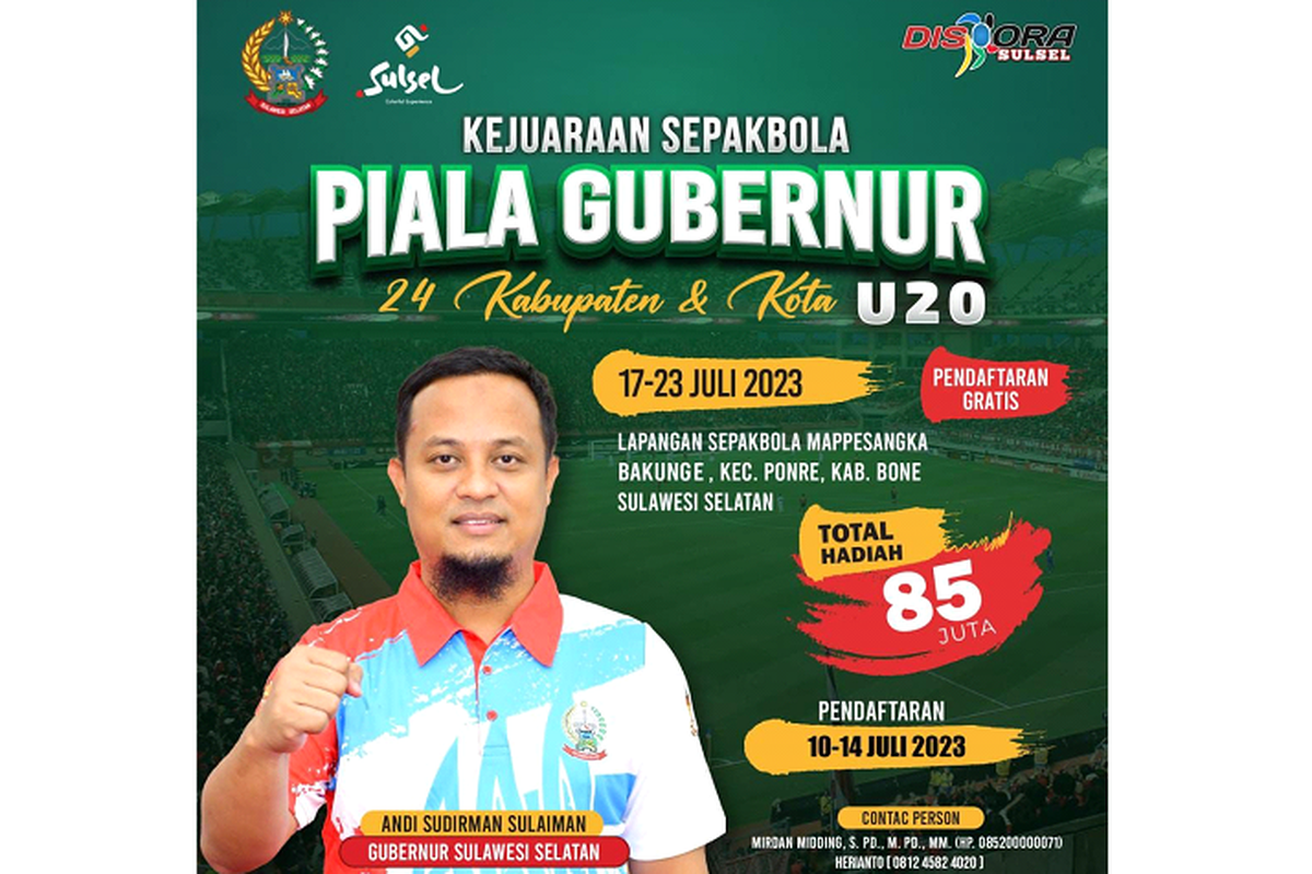 Pemerintah Provinsi (Pemprov) Sulawesi Selatan (Sulsel) melalui Dinas Pemuda dan Olahraga (Dispora) siap menggelar Kejuaraan Sepakbola Piala Gubernur U20 dengan memperebutkan hadiah sebesar Rp 85 juta. Kejuaraan akan digelar di Lapangan Sepakbola Mappasengka Bakunge, Kecamatan Ponre, Kabupaten Bone, 17-23 Juli 2023 mendatang. 

