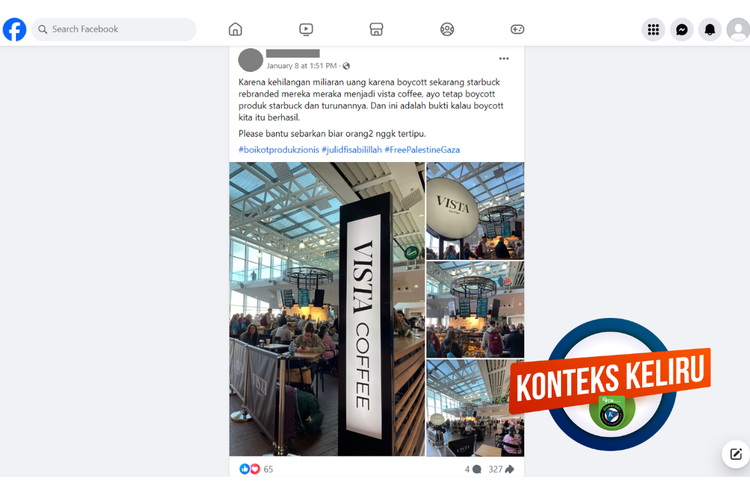 Tangkapan layar konten dengan konteks keliru di sebuah akun Facebook, 8 Januari 2024, soal Starbucks berganti nama menjadi Vista Coffee.