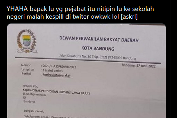foto viral surat anggota DPRD Bandung ke Disdik Jabar soal titip siswa ke SMK negeri