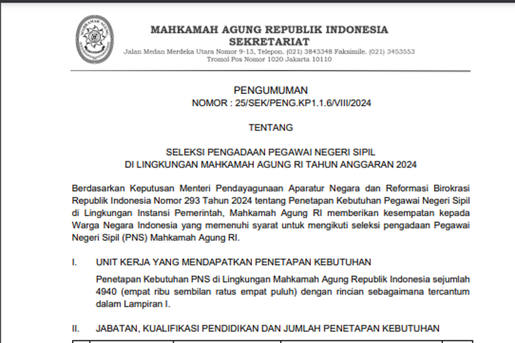 Link Pengumuman Formasi CPNS Mahkamah Agung 2024, Berikut Syarat dan Tahapan Seleksinya