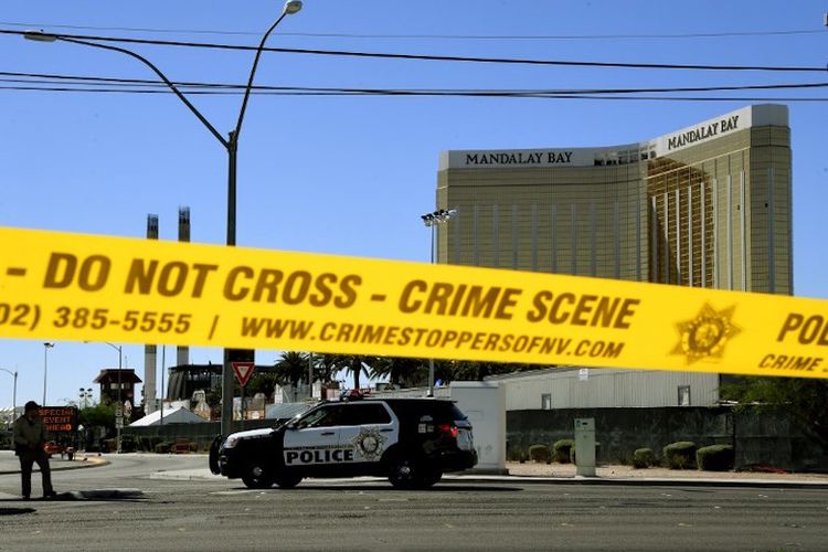 Lokasi kejadian perkara penembakan massal Las Vegas di sekitar Mandalay Bay Hotel, Senin (2/10/2017).