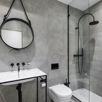 Ilustrasi kamar mandi minimalis modern. 