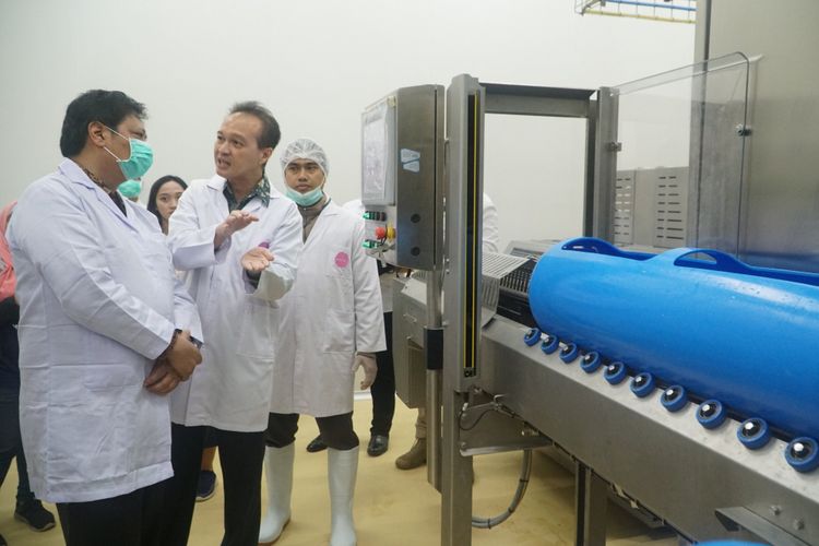 Managing Director PT Sewu Segar Primatama Richard Anthony saat memperlihatkan fasilitas Cold-Pressed Juice dengan teknologi high pressure dari Re.Juve kepada Menteri Perindustrian RI Airlangga Hartarto di Cikupa, Banten, Rabu (12/12/2018).