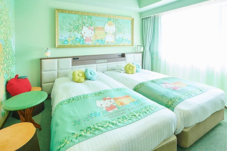 Ilustrasi kamar hotel bertema Hello Kitty di Hotel Vischio Amagasaki by Granvia di Jepang.