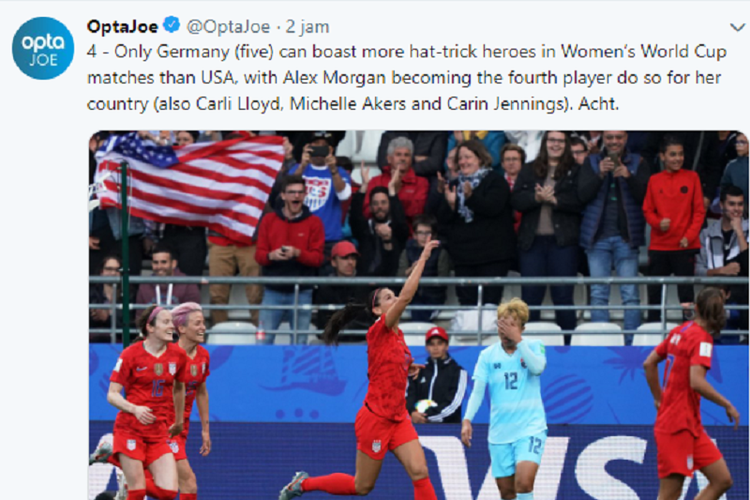 Pertandingan penyisihan Grup F Piala Dunia Wanita 2019 antara timnas putri Amerika Serikat vs Thailand di Stade Auguste Delaune, Perancis, 11 Juni 2019. Pertandingan tersebut dimenangkan AS dengan skor telak, 13-0.
