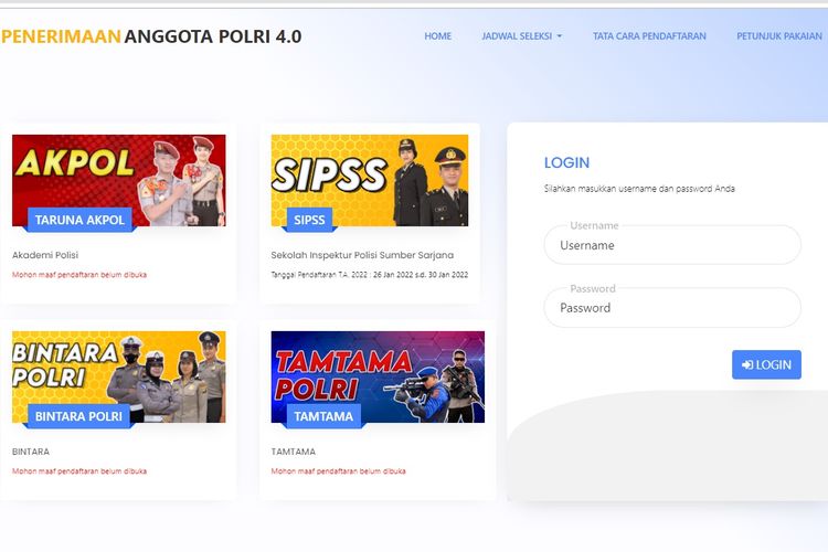 Tangkapan layar penerimaan anggota Polri, salah satunya yakni penerimaan siswa Sekolah Inspektur Polisi Sumber Sarjana (SIPSS) 2022.
