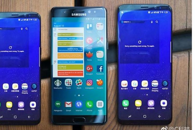 Bocoran foto Galaxy S8 (kiri) dan Galaxy S8 Plus (kanan) mengapit Galaxy Note 7.